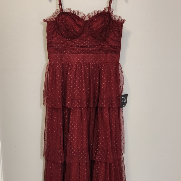 NWT Lulu's Sweetheart Style Burgundy Polka Dot Bustier Tiered Midi Dress Size L - Picture 3 of 16